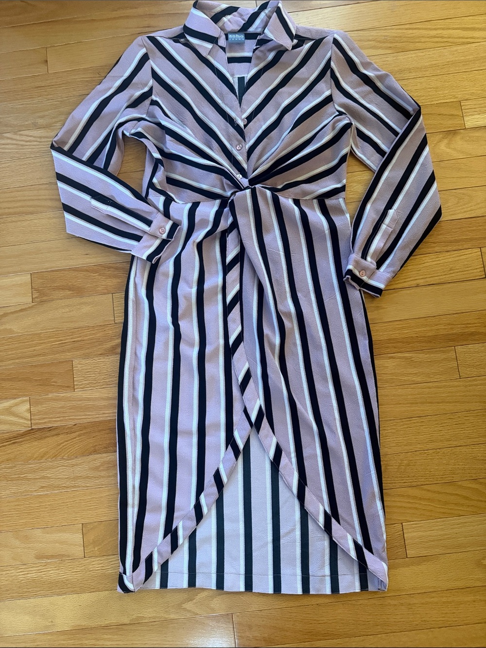 New York & Company Pink, Black and White Striped Twist-Front Tunic Dress